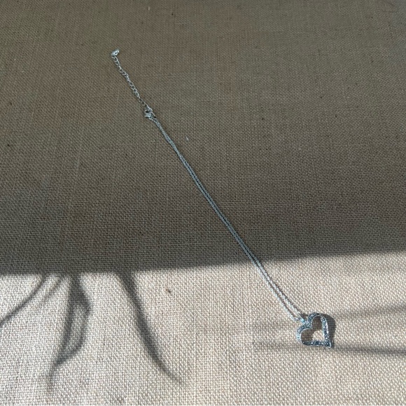 Silver tone rhinestone studded open heart necklace pendant simple dainty love - Picture 4 of 6